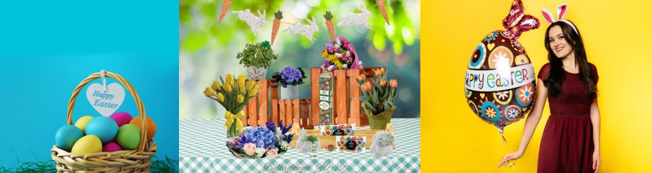 Easter Decorations and Smiling Woman in Bunny Ears
